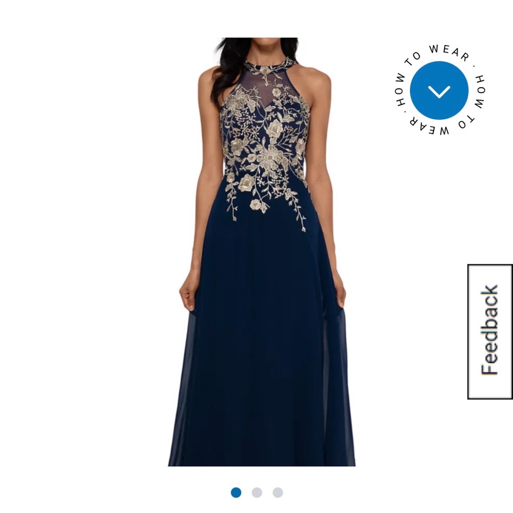 Betsy & Adam Navy Blue Floral Gown